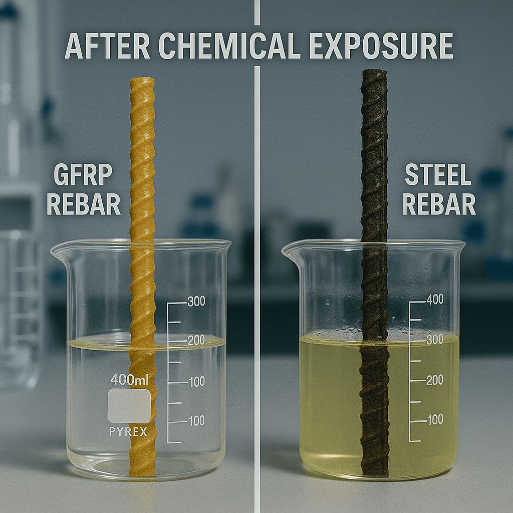 Unstain GFRP Rebars - Chemical Resistant demonstration showing superior performance over traditional steel rebars