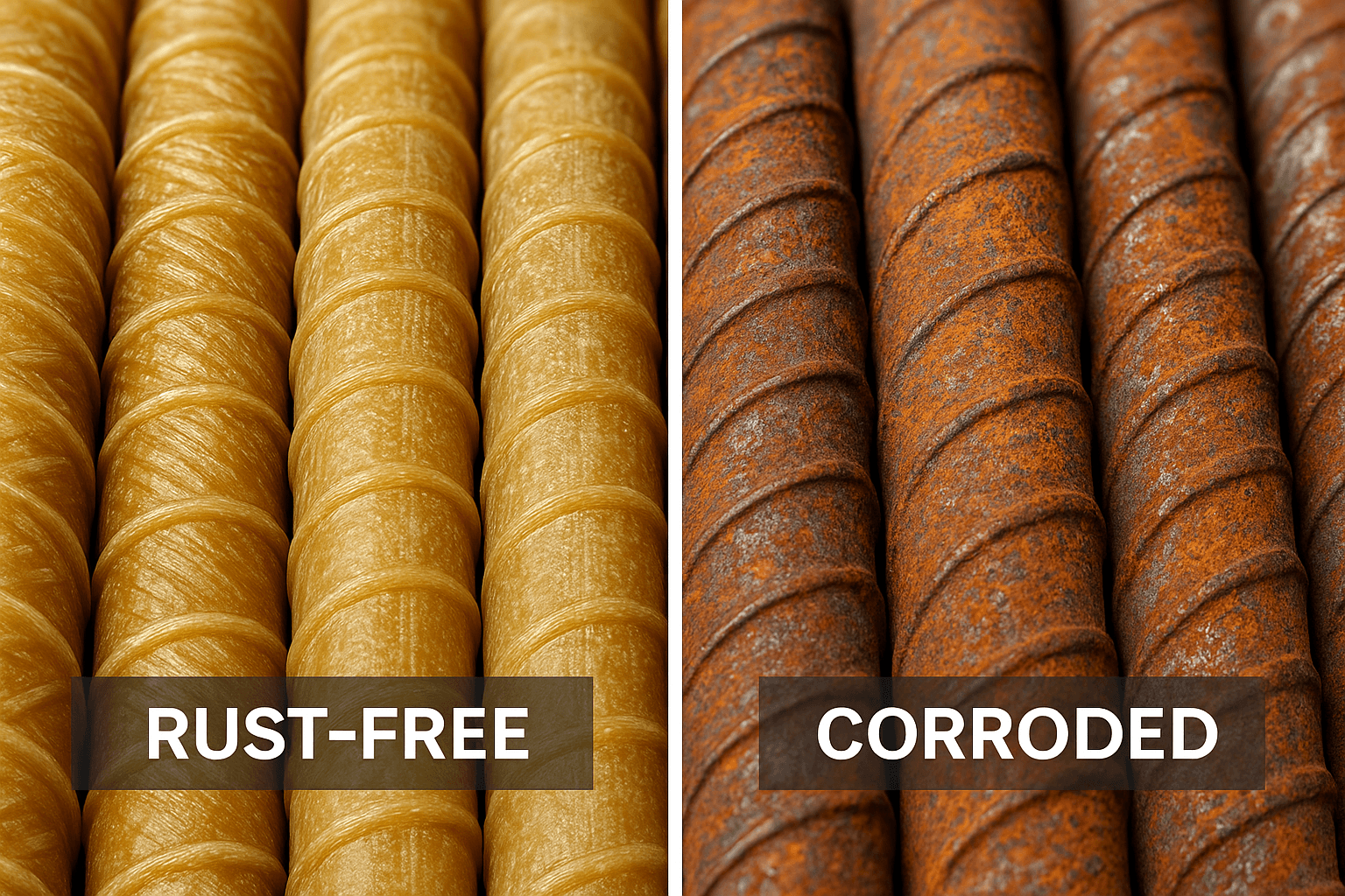 Unstain GFRP Rebars - 100% Rust-Proof demonstration showing superior performance over traditional steel rebars